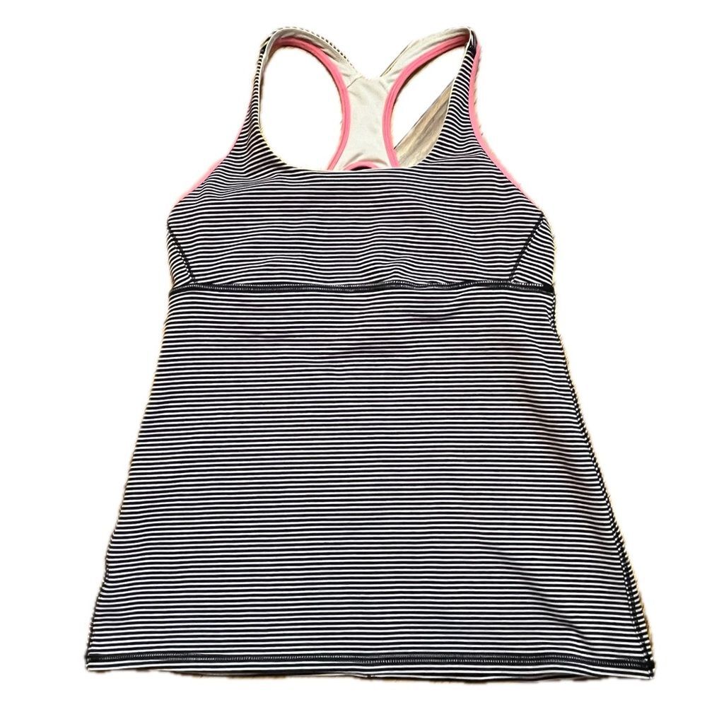 lululemon athletica Black and White Striped Racerback Tank with Pink Trim